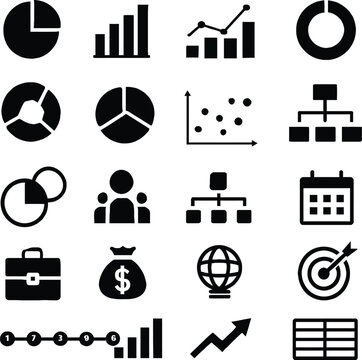 Grid of 20 Black Business and Data Icons on White Background Featuring Charts, Organizational Diagrams, People, Finance, and Planning Symbols for Professional Use