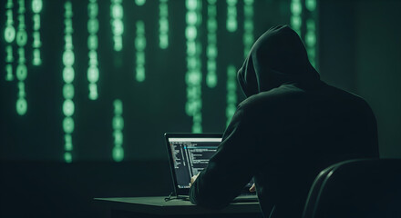 Hooded Hacker in Dark Room with Binary Code Projection