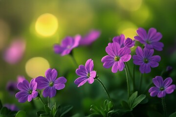 Fototapeta premium Vibrant Purple Flowers Bloom in the Sunlight During Springtime in a Lush Garden Setting.