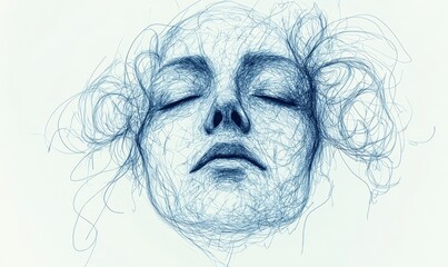 Illustrated concept of depression, symbolized by an empty face and swirling scribbled lines. The image conveys the feelings of emptiness, loss of identity, and chaotic thoughts, Generative AI