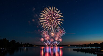 Vibrant Fireworks Display Over a Calm Lake at Night