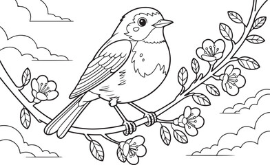 Hand-drawn Bird on Branch with Flowers, Black and White Wildlife Illustration for Nature Themes