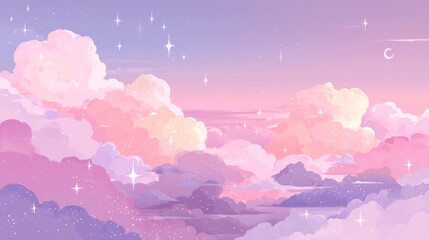 Serene twilight sky with fluffy pink, purple, and white clouds, twinkling stars, and a crescent moon,