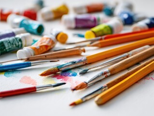 Painting supplies scattered on white canvas, includes tubes of paint, brushes, pencils