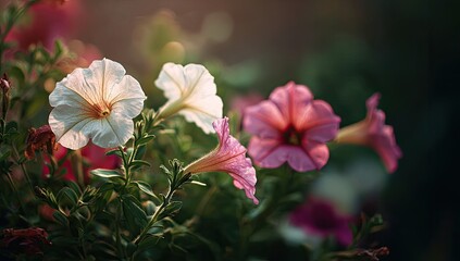 Obraz premium Delicate, vibrant petunia blooms in a sunlit garden, soft focus