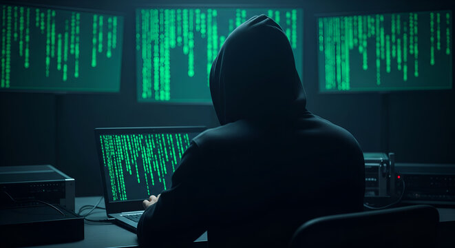 Hooded Hacker in Dark Room with Matrix Code on Screens