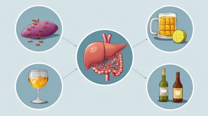 Medical graphic illustrating the causes of liver cirrhosis including alcohol abuse, hepatitis infection, and chronic inflammation