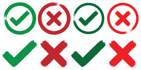 Obraz premium Tick and Cross sign elements. Vector check marks, approval signs design. Check list marks, choice options, survey signs. Grunge brush hand draw Yes and no icon. eps 10
