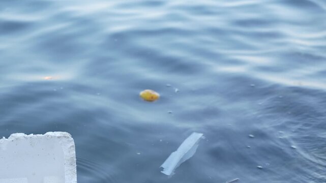 A white boat is floating in the water with a plastic bag floating in the water. The scene is calm and peaceful