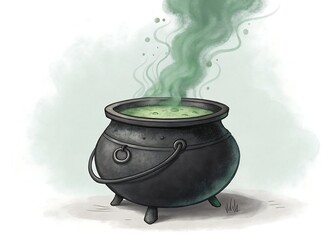 witch cauldron with green smoke on minimal background