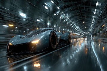 and keyword list based on the image, following your specifications

 Silver Supercar Accelerates Through a Sleek, Modern, Futuristic Tunnel