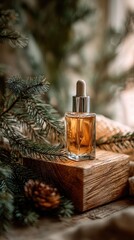 Amber liquid in dropper bottle on wood, surrounded by pine branches and a pinecone