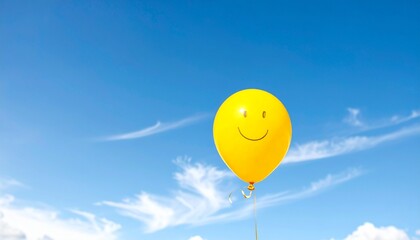 Smiling Yellow Balloon Soaring High in a Bright Blue Sky A Symbol of Joy and Happiness