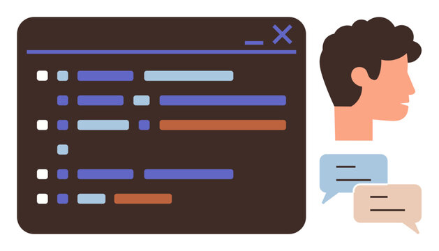 Code editor with highlighted lines, a person, and speech bubbles representing programming, teamwork, coding discussions. Ideal for software development, debugging, collaboration, communication