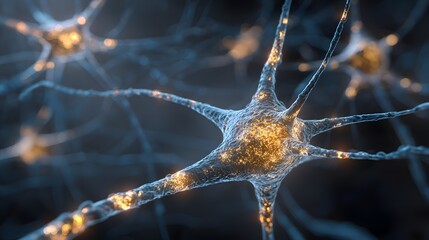 Golden crystalline neurons glowing in blue brain matter, representing scientific breakthroughs.