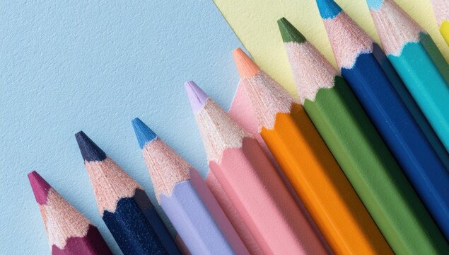 Colorful pencils in a diagonal row, close-up on blue and yellow paper