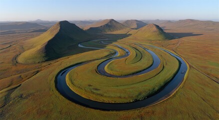 Fototapeta premium Serpentine river winds through rolling hills