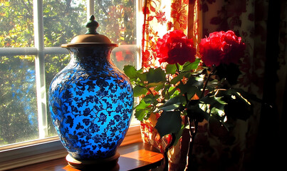 Blue glass vase with red roses on window sill sunlight