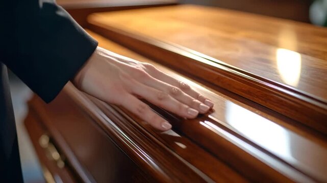 Hand touching polished wooden casket
