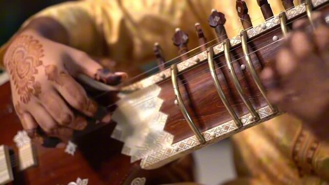 A person plays a sitar hand decorated with henna close up on the instrument