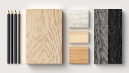 Wood samples, pencils, and color swatches on white surface