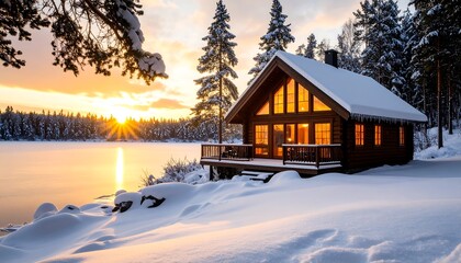 Fototapeta premium Winter cabin on snowy lakeside at sunset