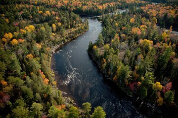 Autumnal river winds through colorful forest