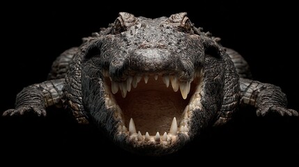 Obraz premium Ferocious, front-facing portrait of a large reptile with a wide open mouth, showcasing sharp teeth and a dark textured hide