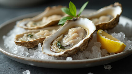 Studio photoshoot of freshly opened oysters on a plate with crushed ice and lemon wedges