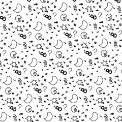 Doodles or small details such as a round character, a speech bubble, springs and dust particles create texture.