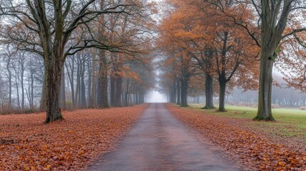 Obraz premium Solitary road in an autumn park, Aberdeen, Scotland, blanketed with fallen leaves, misty morning