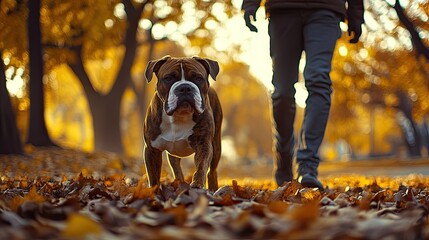 Strong brindle American Bulldog confidently striding through the park, its owner keeping up.