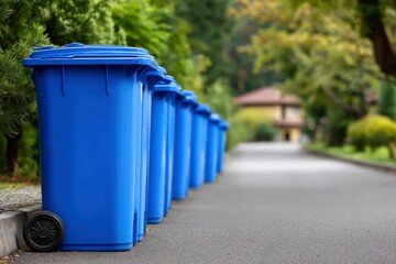A row of blue trash bins on a street with a blurred house in the background