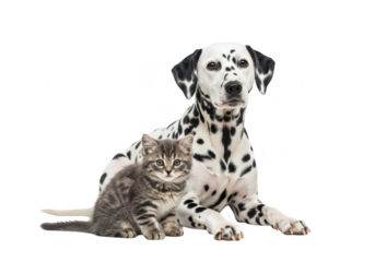A dalmatian dog and a tabby kitten sitting together, isolated on transparent background