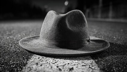 A fedora hat rests on a road's center line, under night lighting. Black and white
