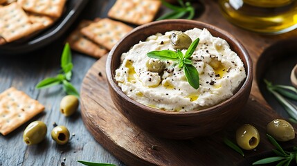 Garlic cheese spread with crackers and olives on a rustic board