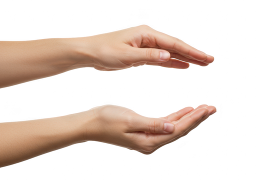 Open female hands gesture, isolated on transparent background, symbolizing care, support, and offering