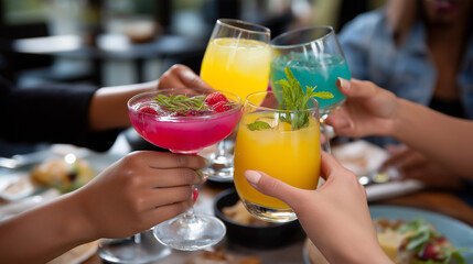 Cheers with Colorful Cocktails at a Table