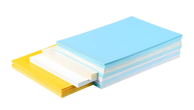 Stacks of colorful paper sheets on a transparent background.