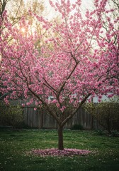 Naklejka premium Pink Cherry Tree in Full Bloom at Sunset