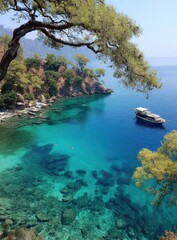 Coastal view of turquoise bay, rocky shore, and boat