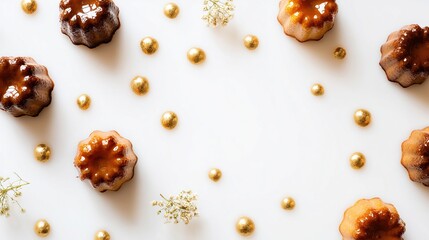 Small,  golden-glazed pastries arranged on a white surface with gold beads and flowers