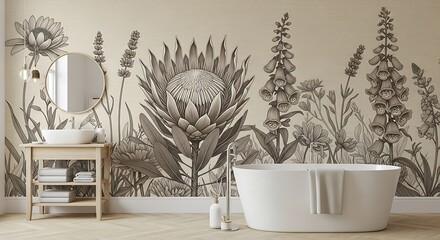 Ai generated image of vintage botanical floral wallpaper in a modern elegant bathroom interior