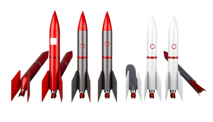 Array of stylized rockets in various configurations for space travel and exploration