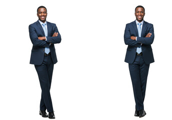Two identical confident businessmen in suits standing with arms crossed, isolated on transparent background