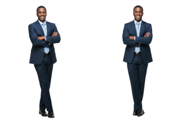 Two identical confident businessmen in suits standing with arms crossed, isolated on transparent background