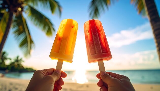 Fruit popsicles beach sunset