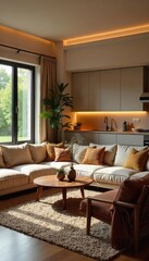 Fototapeta premium A cozy family room with an adjacent eat-in kitchen area, featuring warm lighting and comfortable furniture Perfect for family gatherings and casual meals , traditional, farmhouse, kitchen area