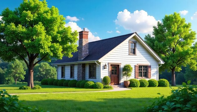A cozy, simply designed house nestled amongst lush green trees and a vibrant blue sky Perfect for real estate, home decor, and architectural websites , outdoors, idyllic, property