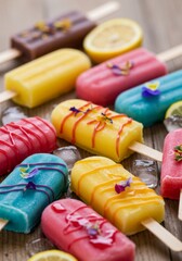 Colorful Popsicles with Edible Flowers on Wooden Surface